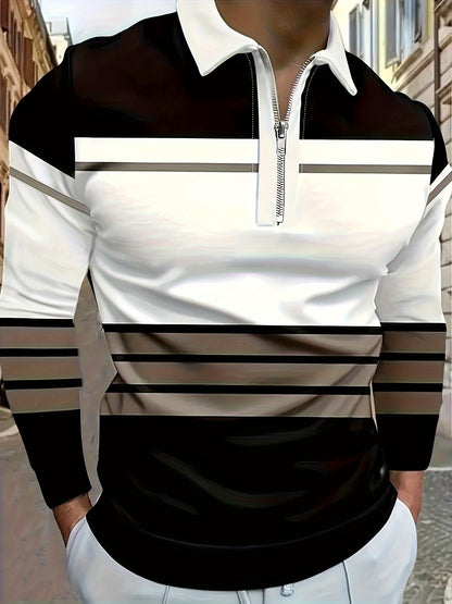 Men's Zip Collar Polo – Striped Long Sleeve Shirt