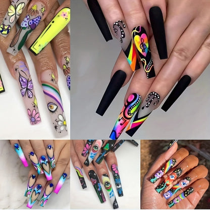 Press On Nails Set 120pcs 5 Boxes Extra Long Cosmic Eyes Crystal Rhinestones Matte Colorful Stripes Floral Glue-On Wearable Nail Art Variety Pack Festive Gift for Women Teens Party Holiday