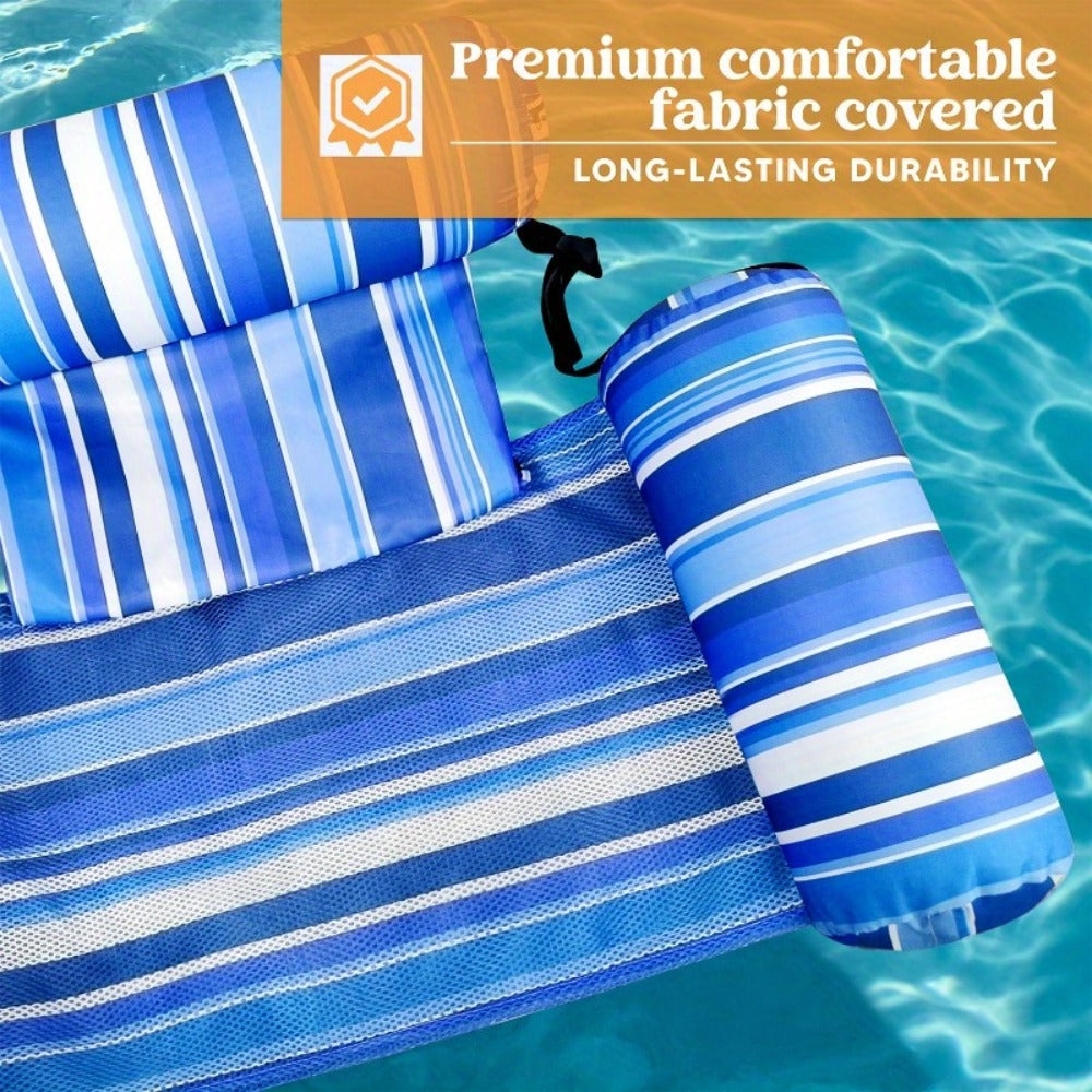 Inflatable Pool Float Lounge Chair 2 Pack for Adults – Heavy Duty Blow Up Floating Chairs with Adjustable Back & Head Support, Pillow, Fabric Cover, Pool Beach Lake Summer Water Party Gift Set