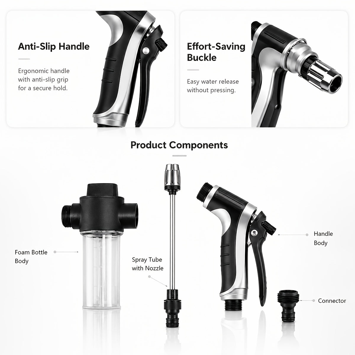 2pcs Upgraded Car Wash Sprayer Set | Long Rod Water Gun with Wash Towel, 360° Adjustable Nozzle, Removable Foam Bottle, Easy Setup, No Hose Included, for Car, Motorcycle, Garden & Yard Cleaning