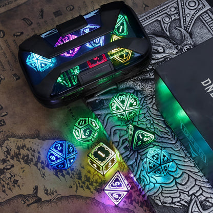 RGB LED DND Dice Set Rechargeable 7pcs – Illuminated Polyhedral Dice with Type-C Charging Case for D&D RPG Tabletop Games, Astral Shard Black, Glow in Dark Gift for Gamers