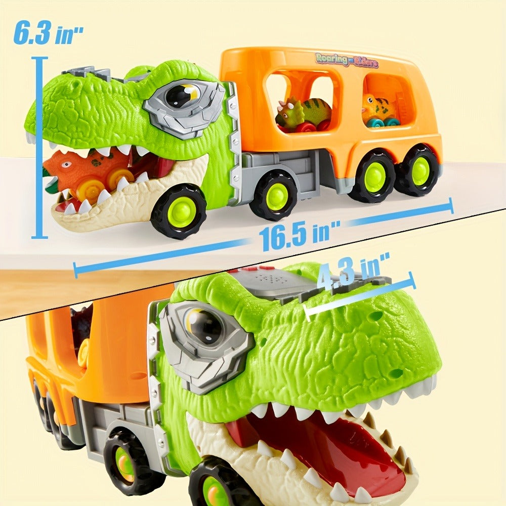 T-Rex Carrier Truck Toy with 6 Mini Rubber Dinosaur Cars LED Lights & Roaring Sound – Sliding Ramp Launch Two-Level Storage Transport Vehicle for Toddlers Kids Ages 2-6 Birthday Gift Boys Girls