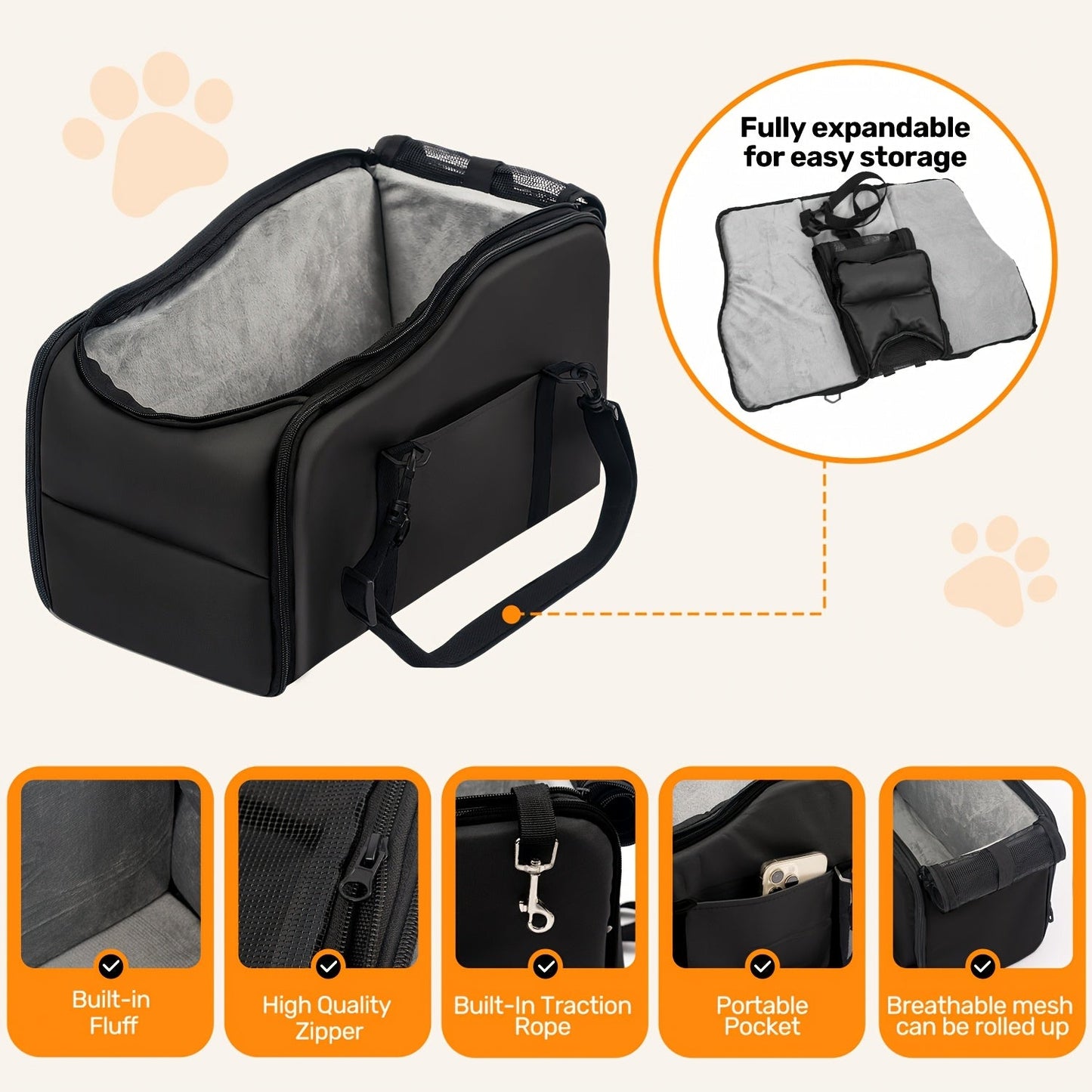 Dog Car Carrier & Center Console Pet Booster Seat with Safety Harness - Portable Travel Pet Bed Nest for Small Dogs & Cats, Easy-Clean Sturdy Construction, Pink Black Gray Green - Gift for Pet Owners