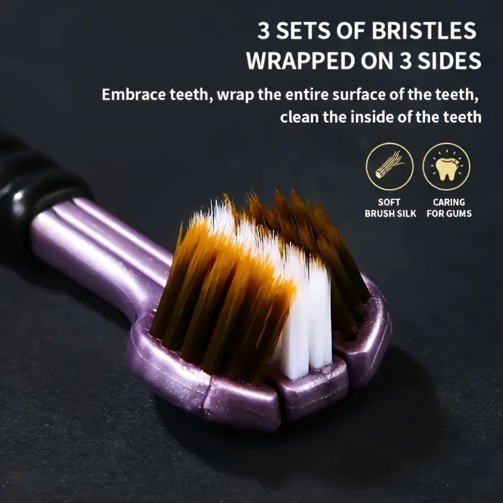 360 Toothbrush 2-Pack – Three-Head Design with Soft & Hard Nylon Bristles, 360° Cleaning, Tongue Coating Removal, Seamless Design for Braces, Bridges & Implants, Fresh Breath Oral Health Care