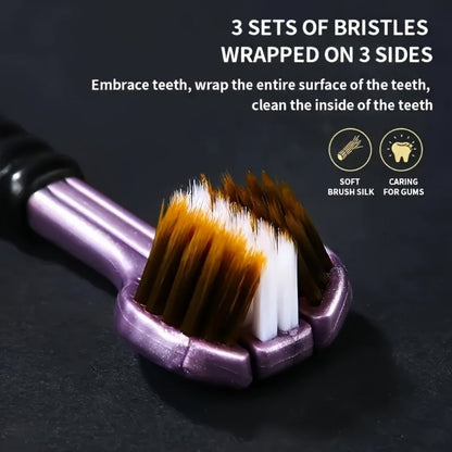 360 Toothbrush 2-Pack – Three-Head Design with Soft & Hard Nylon Bristles, 360° Cleaning, Tongue Coating Removal, Seamless Design for Braces, Bridges & Implants, Fresh Breath Oral Health Care