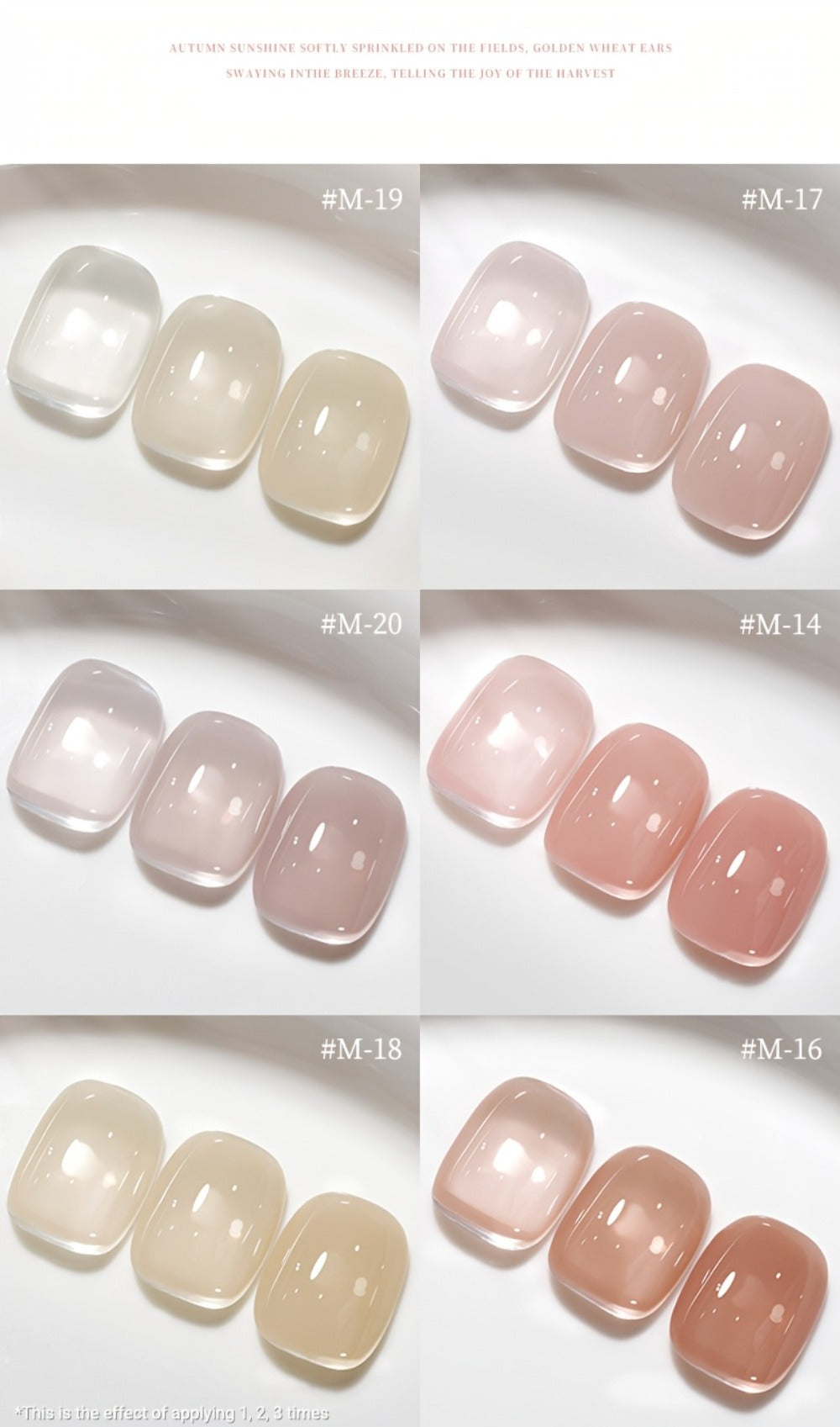 Jelly Gel Nail Polish Set 6 Colors Glass Nail Look Translucent Buildable Coverage 0.51oz Each - Semi-Permanent Soak-Off UV LED High-Gloss Salon Finish Nail Art Kit for Women Shades M14 M16 M17 M18 M19 M20