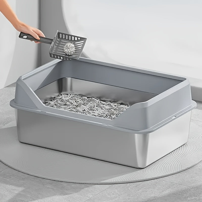 Oversized Stainless Steel Cat Litter Box with Lid – High Walls Non-Stick Leakproof, Includes Litter Scoop, XL & XXL in Khaki Gray Black