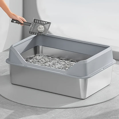 Oversized Stainless Steel Cat Litter Box with Lid – High Walls Non-Stick Leakproof, Includes Litter Scoop, XL & XXL in Khaki Gray Black