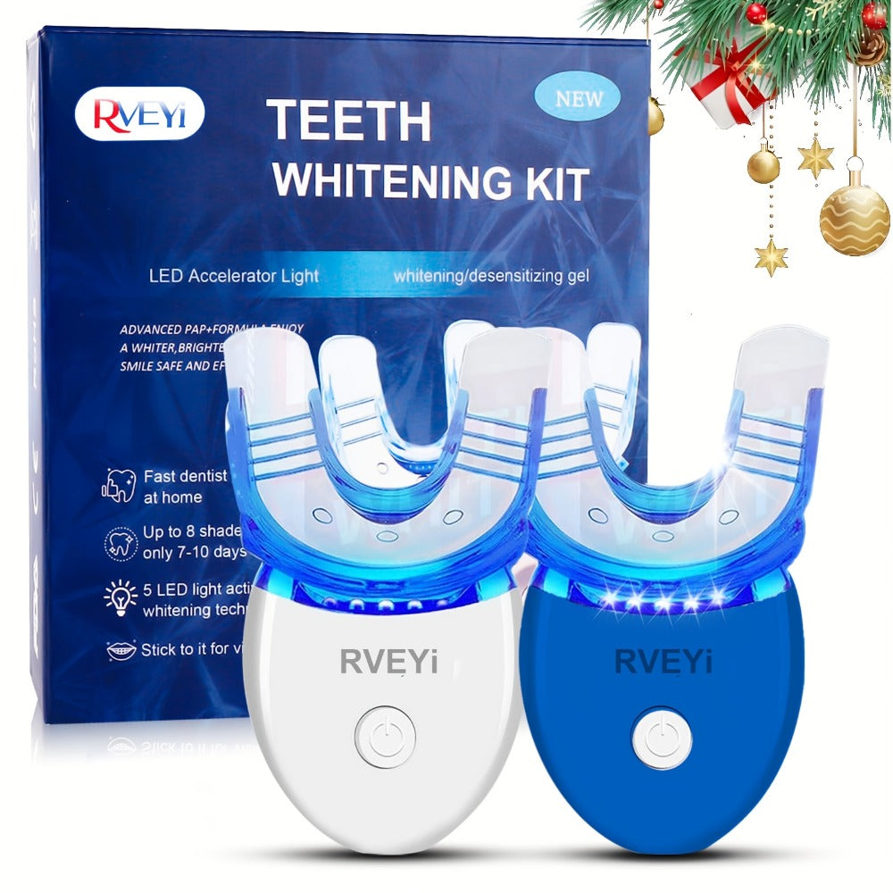 LED Teeth Whitening Kit 5 Whitening Gel Syringes Enamel Safe Professional Home Whitening Light Tray Set Fast Results Gift for Women Men Girlfriend Boyfriend Parents White Blue