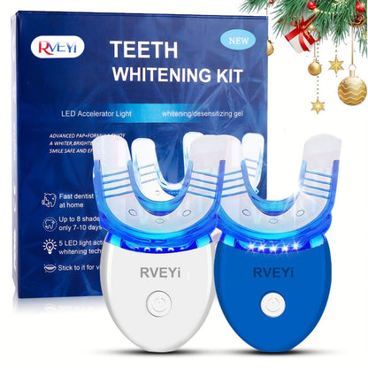 LED Teeth Whitening Kit 5 Whitening Gel Syringes Enamel Safe Professional Home Whitening Light Tray Set Fast Results Gift for Women Men Girlfriend Boyfriend Parents White Blue
