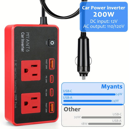 Car Power Inverter 200W - 12V DC to 110V AC, 4 USB Ports (PD & QC 3.0), Fast Charging Car Outlet Adapter for Road Trips, Camping & Vehicle Use