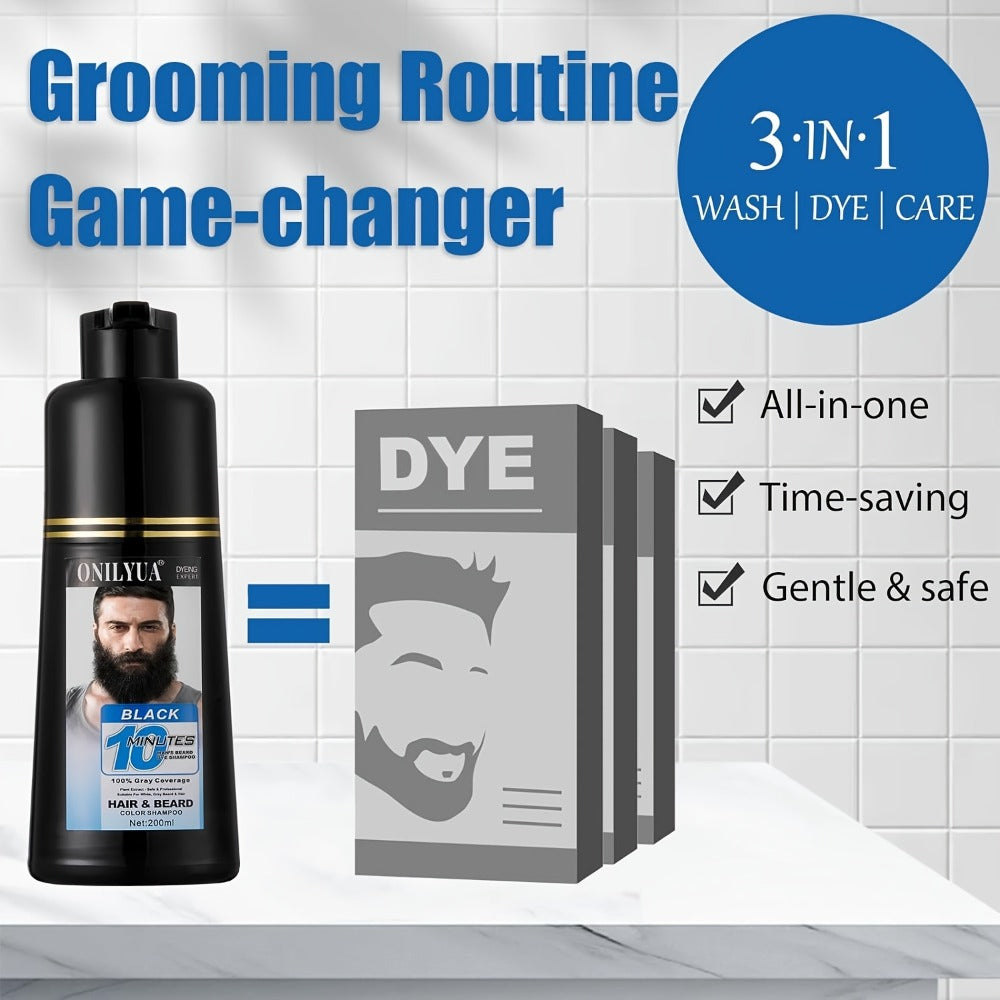 Beard Dye Shampoo for Men 2-in-1 Hair & Beard Grey Coverage Argan Oil No-Mix Formula – Fast 5-20 Min Long-Lasting Natural Color 6.76 oz Mustache Goatee Facial Hair