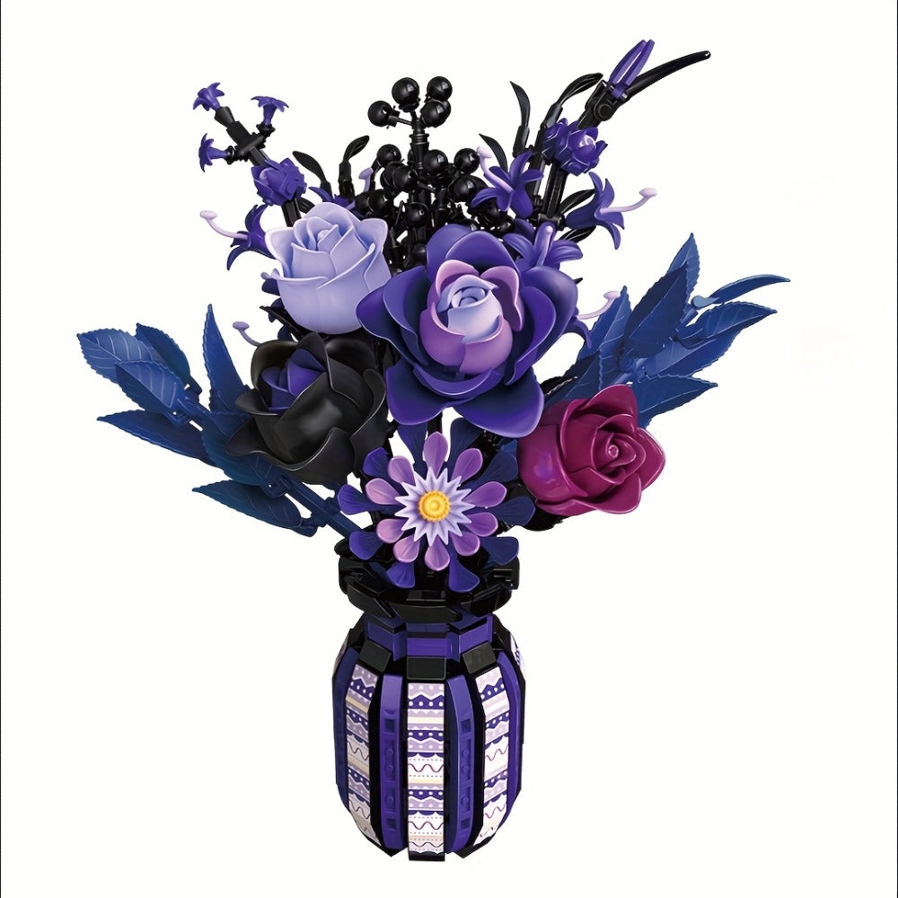 Gothic Flower Bouquet Building Block Set 1218pcs – DIY Artificial Floral Arrangement & Vase Brick Kit, Multicolor Home Office Decor Display, Unique Birthday Valentine's Day Gift for Women