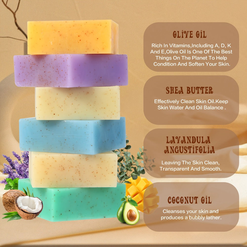 Natural Bar Soap Handmade 3pc & 6pc Set - Exfoliating Moisturizing Body Soap with Eucalyptus, Lavender, Mango & Shea Butter Essential Oils, Deep Cleansing 122g Bath Soap Gift Set for Women Men