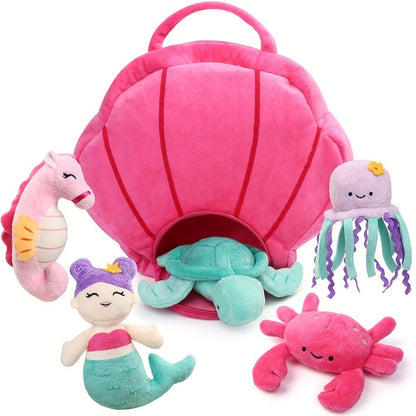 Ocean Stuffed Animal Set 5 Piece — Mermaid Turtle Octopus Seahorse Crab Sea Creature Plush Toys with Pink Shell Carrying Bag for Kids Toddlers Girls Boys | Birthday Christmas Baby Shower Gift