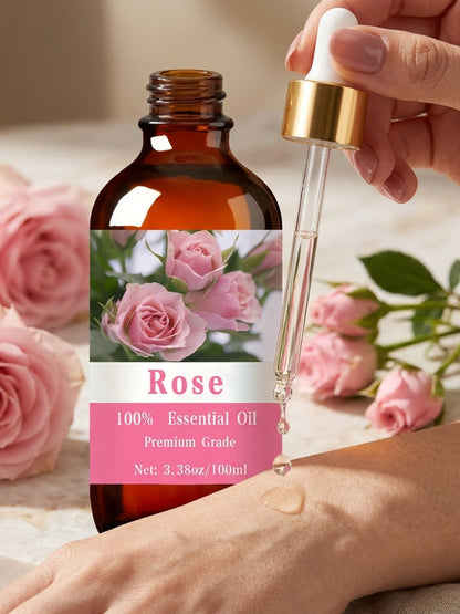 Rose Essential Oil 100ml Pure Aromatherapy Carrier Oil for Skin Hair Nail & Massage – Moisturizing Body Oil for Women & Men, Relaxation Meditation Spa Gift