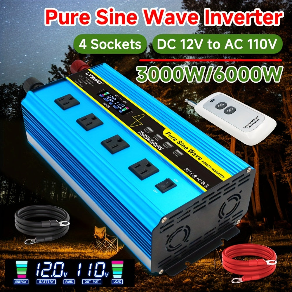 LVYUAN Pure Sine Wave Inverter 3000 Watt/6000W(Peak)Inverter 12V to 110V DC to AC with Remote Controller, LCD Display 4 AC Sockets And 4 USB Charge Ports for Home Car Truck Solar System
