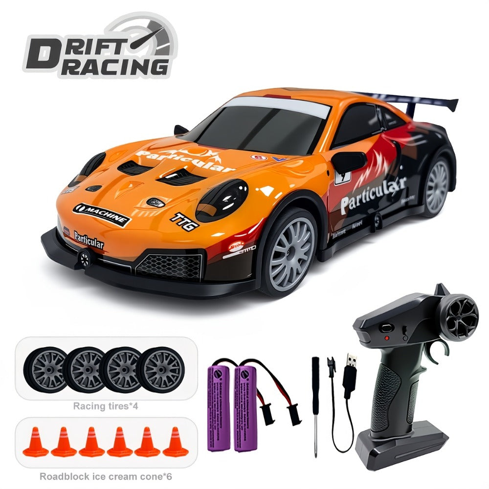 Alloy RC Drift Car 1:24 Scale 4WD 28KM/H with Drift Tires LED Lights Barricades & 2 Batteries – BSJ Crash-Resistant Remote Control Racing Car for Boys Girls Ages 6+ Birthday Christmas Gift Black Yellow