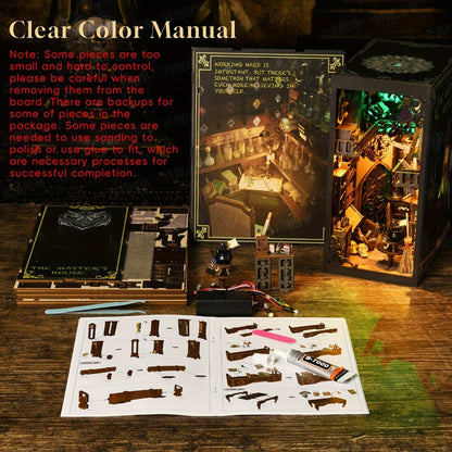 LED Book Nook Kit Master's House – DIY 3D Wooden Vintage Alley Bookshelf Insert with LED Light, Miniature Scene Craft for Adults & Teens, Unique Bookend Home Decor, Birthday Christmas Valentine's Day Gift