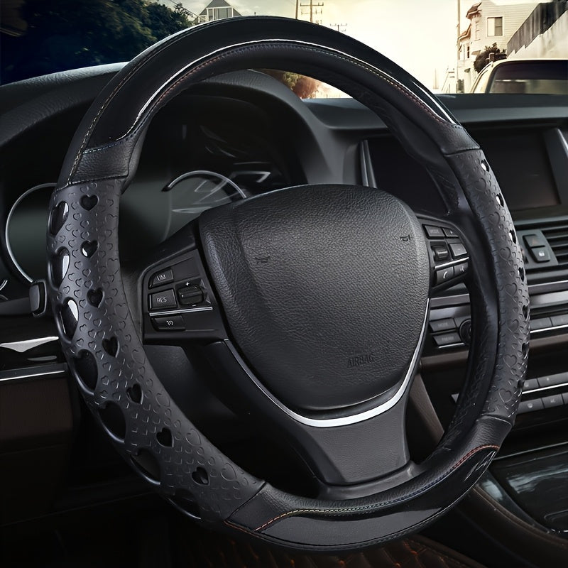 Stylish Faux Leather Steering Wheel Cover With Heart Pattern - Non-Slip, Wear-Resistant, Anti-Aging, All-Season Use, Sports Style Interior Accessory, Ideal Gift For Car Enthusiasts, Car Interior Accessory | Heart Pattern Design