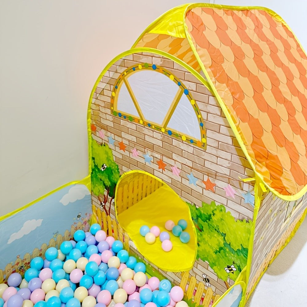 Kids Cottage Play Tent with Ball Pit Cartoon Playhouse Indoor Outdoor Imaginative Hideaway Fort for Toddlers Birthday Christmas Halloween Gift Boys Girls Ages 2+