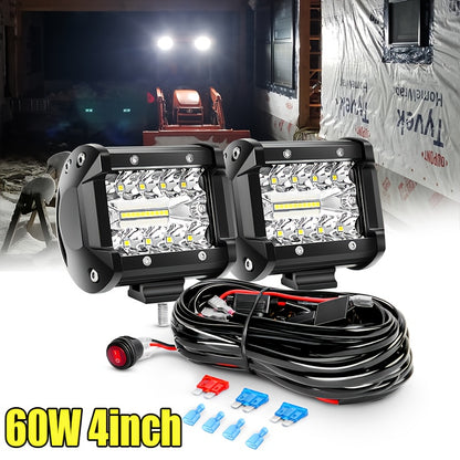 4-Inch LED Off-Road Spot Driving Lights 60W 1260LM Die-Cast Aluminum with Tow Hitch Bracket & 12ft Wiring Harness Kit for Trucks SUVs ATVs, 2pcs White Green Red Yellow Purple Amber Options