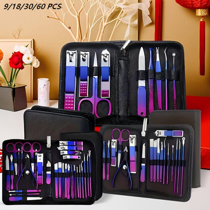 Manicure Set 9 18 30 60pcs Professional Nail Clipper Pedicure Kit Portable Travel Grooming Tools — Cuticle Trimmer Nail File Nail Care Gift Set for Women Girls, Gradient Pink Black Green