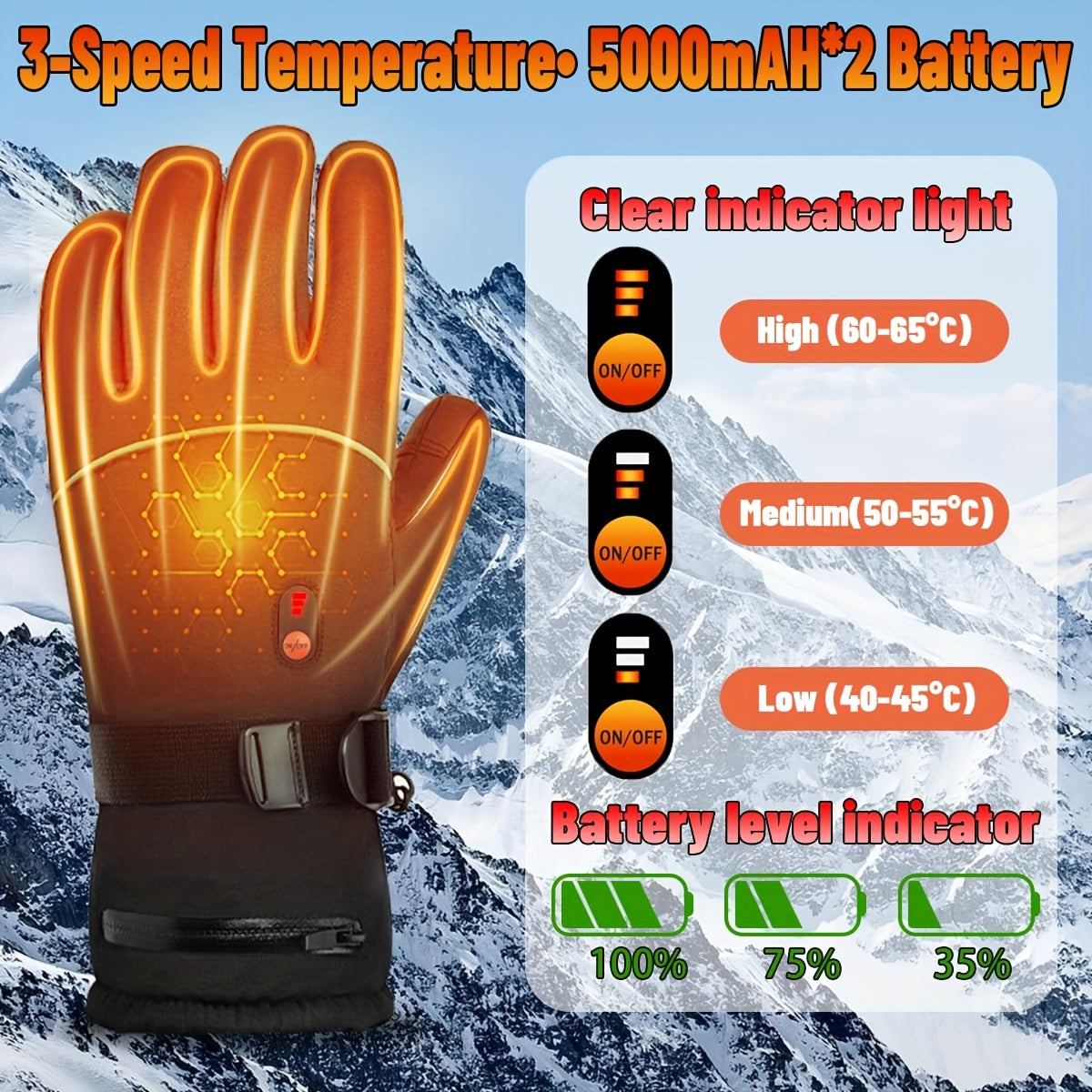 Rechargeable Heated Gloves 2x5000mAh – 3-Speed Temperature Control, Touchscreen Fingertips, Thermal Winter Gloves for Men & Women, Skiing, Hunting, Fishing, Cycling & Camping