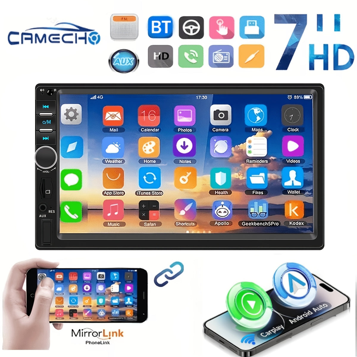 7" Double Din Car Stereo with Bluetooth 5.0, Touchscreen Universal Car Multimedia Player with Wired CarPlay & Android Auto, FM Radio, Rear View Camera Mic Support TF/USB
