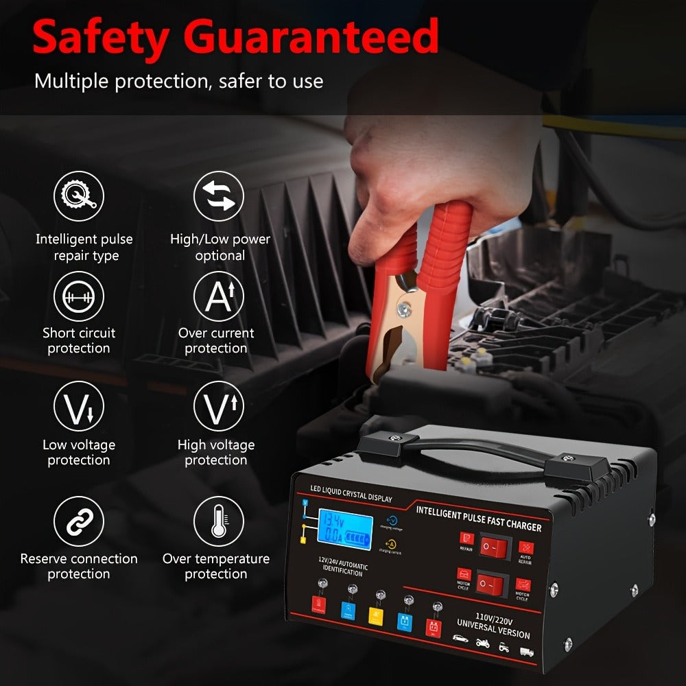 Smart Battery Charger 12V & 24V with LCD Display – Intelligent Trickle Charger, Smart Repair, Overcharge & Short Circuit Protection for Cars SUVs Trucks Motorcycles Yachts