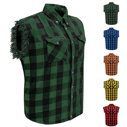 Men's Casual Sleeveless Plaid Cotton Shirt - All-Season Comfort, Classic Checkered Pattern, Single-Breasted Button-Up with Fringe Hem, Regular Fit for Streetwear, Beach & Vacation, Beach Attire, Streetstyle Apparel