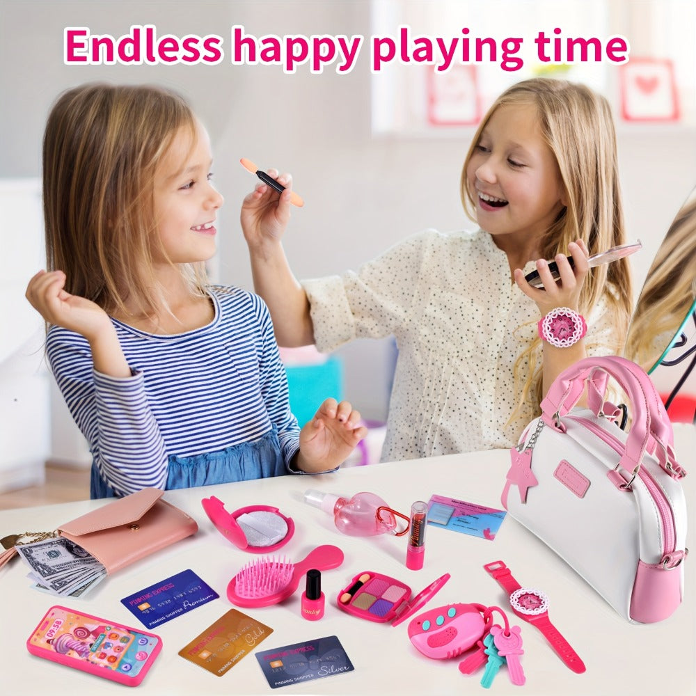 Pink Princess Play Purse Set for Girls – Pretend Makeup Handbag with Phone, Lipstick, Keys & Crossbody Bag, Safe No-Mess Toy, Birthday Christmas Gift for Girls Ages 3+