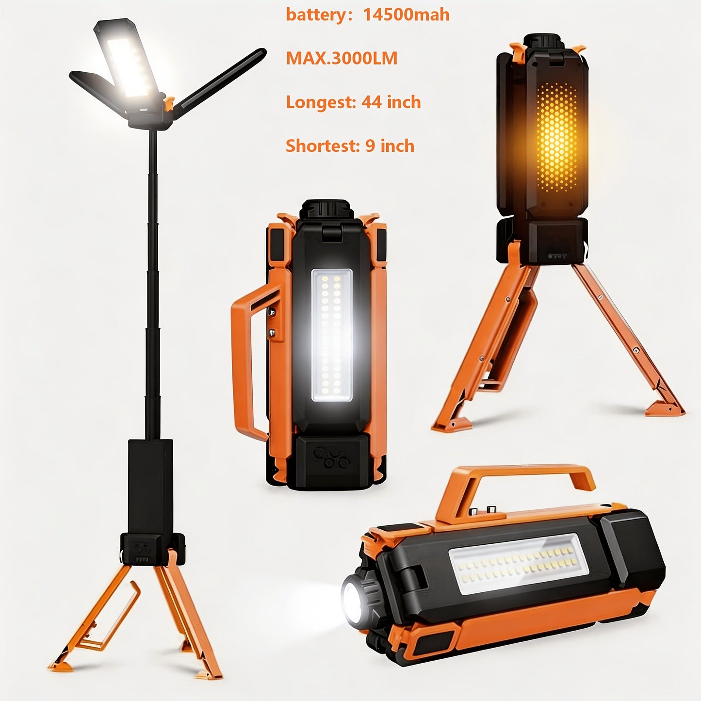 LED Camping Lantern with Tripod Stand, 6000/14500mAh Rechargeable Work Light, 10 Light Modes, 3 Height Adjustments, USB Powered Portable Outdoor Flashlight for Camping, Emergency & Courtyard Use