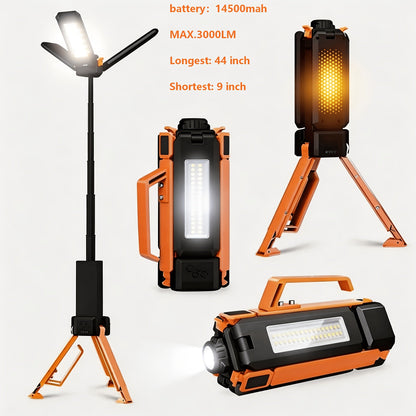 LED Camping Lantern with Tripod Stand, 6000/14500mAh Rechargeable Work Light, 10 Light Modes, 3 Height Adjustments, USB Powered Portable Outdoor Flashlight for Camping, Emergency & Courtyard Use
