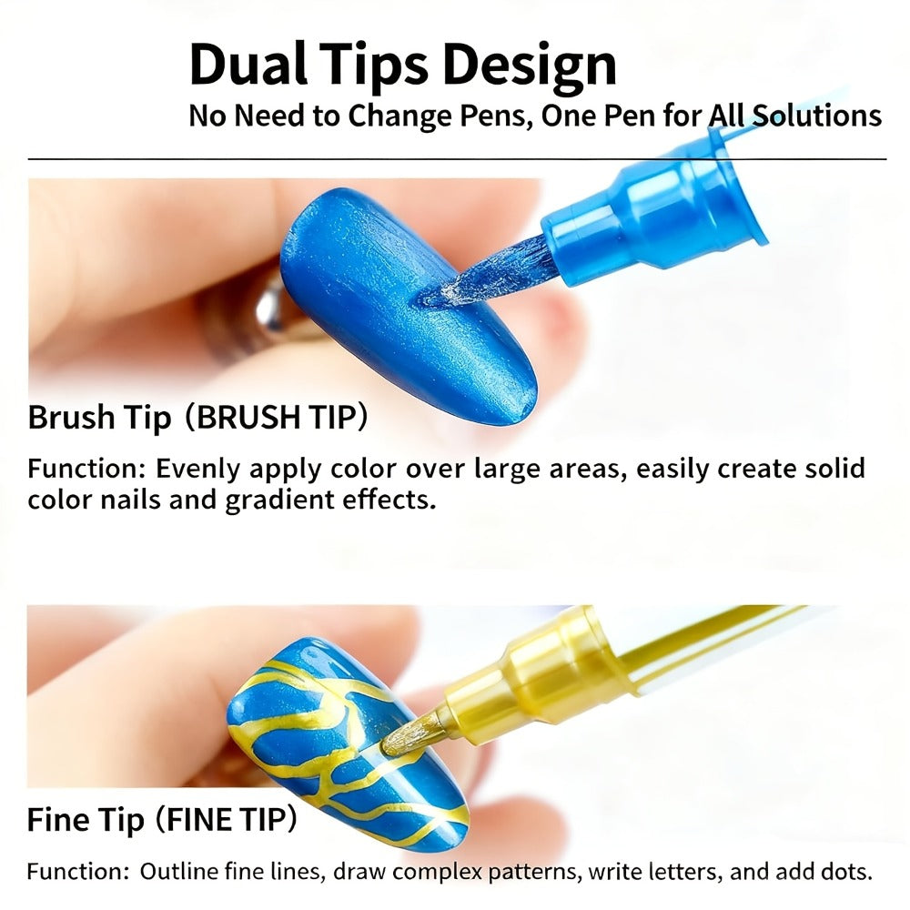 3D Nail Art Pens 10 Colors Double Ended Metallic Acrylic Paint Set – Quick Dry Fine Liner & Dotting Tip Graffiti Drawing Nail Marker for Salon & DIY Home Nail Design, Raised Effect