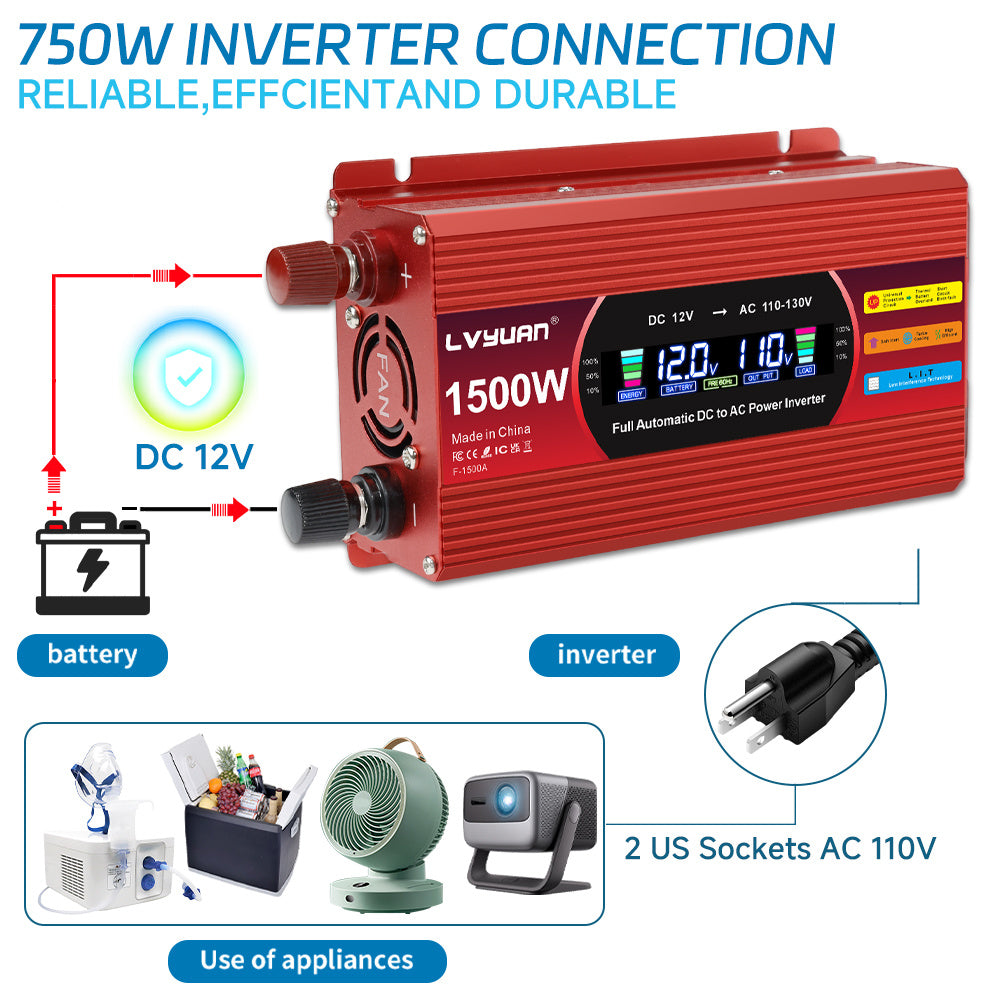 1500W (Peak) Car Power Inverter DC 12V to 110V/120V AC Converter with LCD Display Dual AC Outlets and Dual USB Car Charger for Car Home Laptop Truck Red.