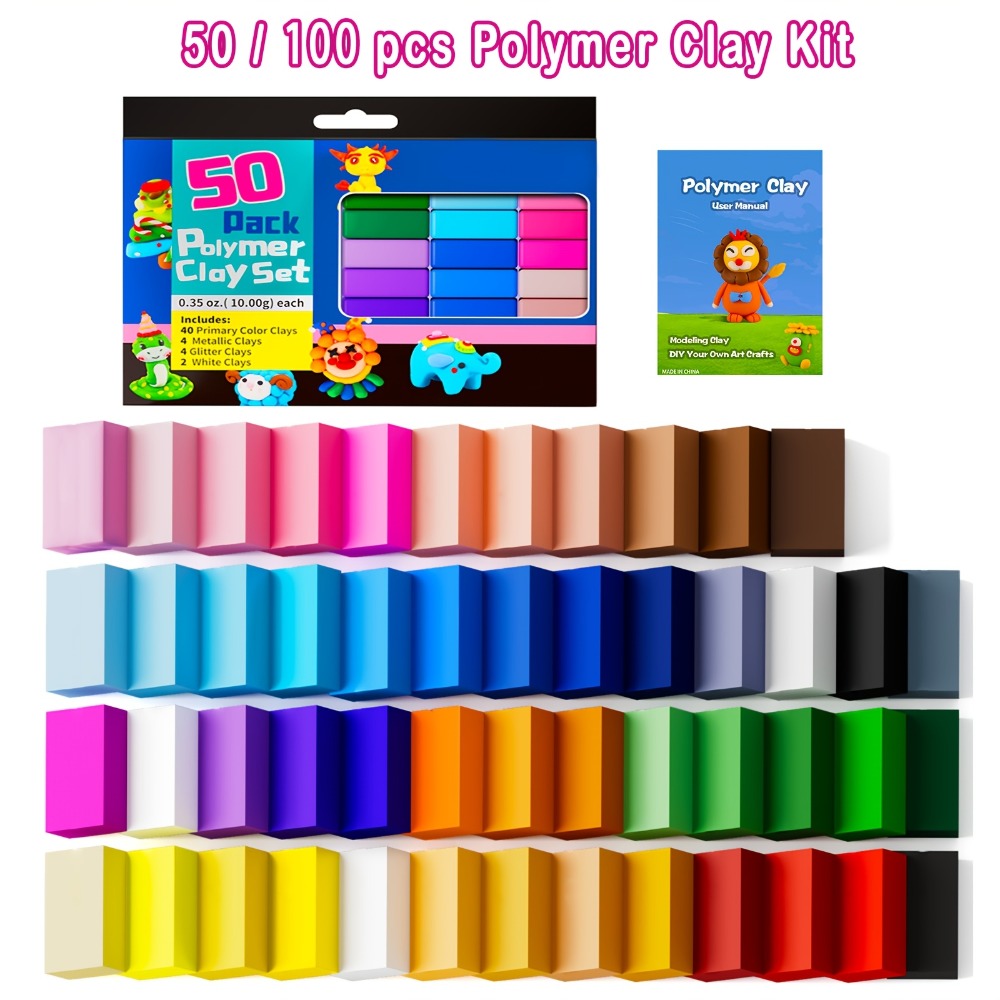 Polymer Clay Kit 50 or 100 Vibrant Colors – Oven Bake Modeling Clay with Sculpting Tools, Non-Toxic DIY Craft Set for Jewelry Making Miniatures Charms, Gift for Kids Teens Adults