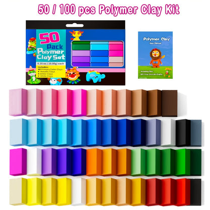 Polymer Clay Kit 50 or 100 Vibrant Colors – Oven Bake Modeling Clay with Sculpting Tools, Non-Toxic DIY Craft Set for Jewelry Making Miniatures Charms, Gift for Kids Teens Adults