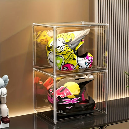 XL Clear Stackable Acrylic Storage Bins with Magnetic Lid – Dustproof Large Display Case for Figures, Collectibles, Helmets, Shoes, Bags, Books, 50L Foldable Organizer 1/2pcs