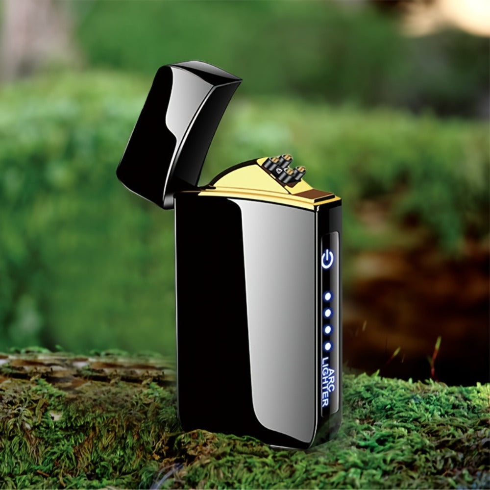 Electric Plasma Lighter USB Rechargeable – Windproof Dual Arc, LED Power Display, Touch Induction | Compact Metal Design for Outdoor Camping, Hiking & Survival | 2 Colors & 6 Styles