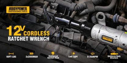 Cordless Electric Ratchet Wrench Set 3/8 Inch 12V 60 Ft-Lbs Power Ratchet Tool Kit with 2 Batteries, 6 Sockets, LED Light, Variable Speed, 1/4 & 1/2 Inch Adapters and Carrying Case for Auto Repair DIY