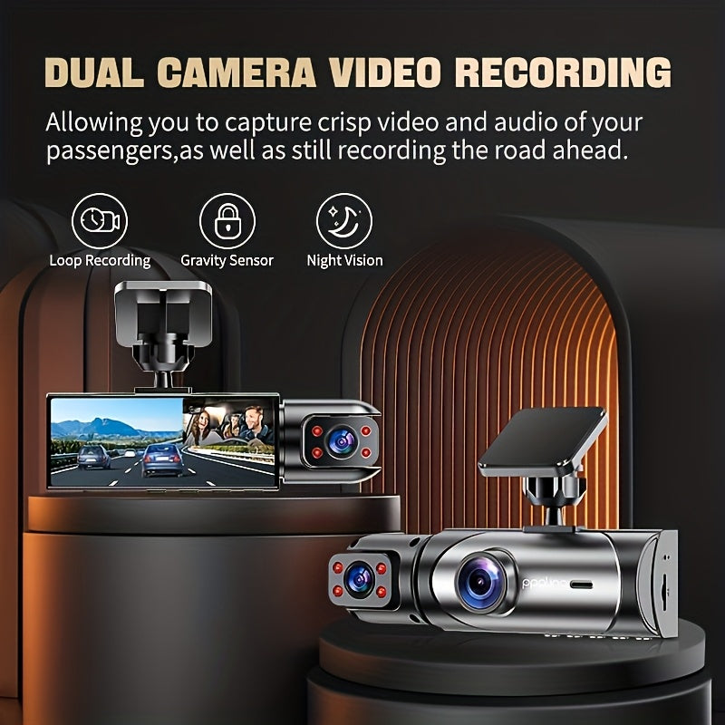PODOFO Dual Camera Car Dash Cam, Front 1080P Built-in 480P with Infrared Night Vision, Loop Recording, Wide Angle 3.16-inch IPS Screen, HD Night Vision, Dual Lens Car Dashboard Camera, Car Accessories/Dashboard Camera/Gift/Car Black Box