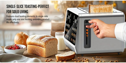4-Slice Digital Smart Toaster with Touchscreen | Dual Control Panel, Single Slot Toasting, Timer, Reheat & Defrost Functions for Bagels, Bread & Waffles – Stainless Steel Kitchen Essential