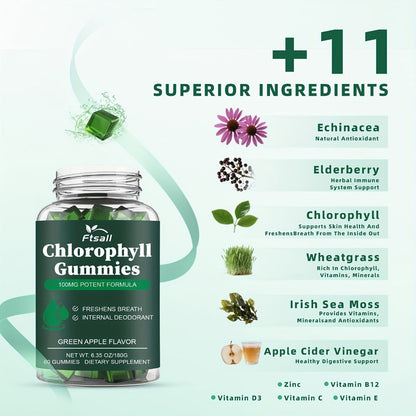 Chlorophyll Gummies 60 Count with Vitamin C D3 E B12 Zinc Irish Sea Moss Elderberry Echinacea & Apple Cider Vinegar — Fresh Breath Body Deodorising Supplement for Women & Men