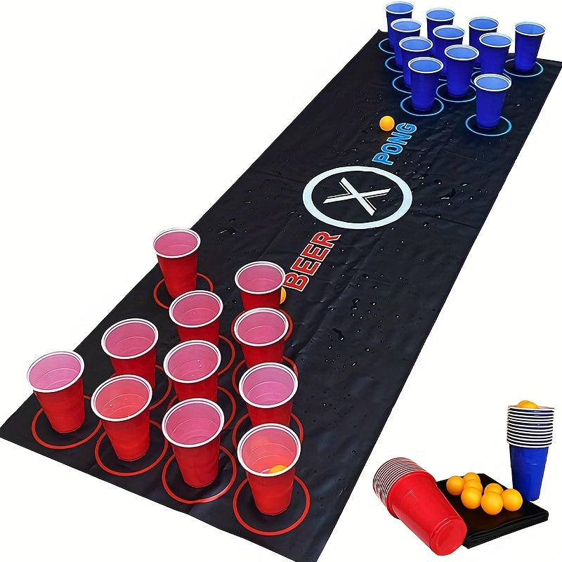 Beer Pong Set with Table Mat 12 Red Cups 12 Blue Cups & 24 Ping Pong Balls – Complete Adult Drinking Party Game for Game Night Couples Friends Bar, Christmas Valentine's Day Birthday Gift