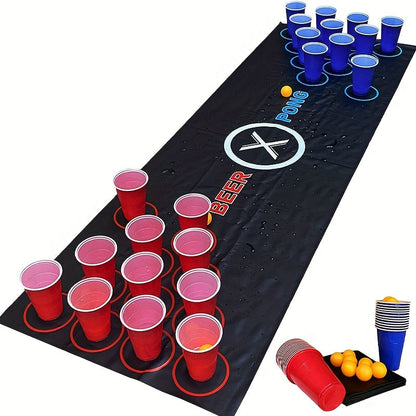 Beer Pong Set with Table Mat 12 Red Cups 12 Blue Cups & 24 Ping Pong Balls – Complete Adult Drinking Party Game for Game Night Couples Friends Bar, Christmas Valentine's Day Birthday Gift
