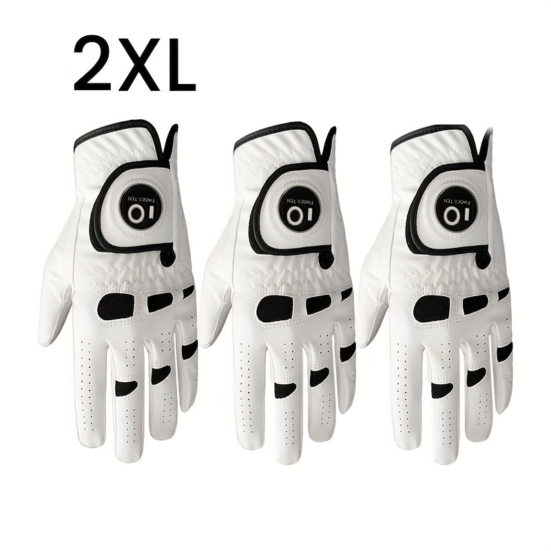 Men's Golf Glove Left Hand 3 Pack with Ball Marker – WeatherSof Soft Grip Cabretta-Style Golf Gloves for Men, Buckle Closure, All-Weather Performance, Sizes S to XXL (White)