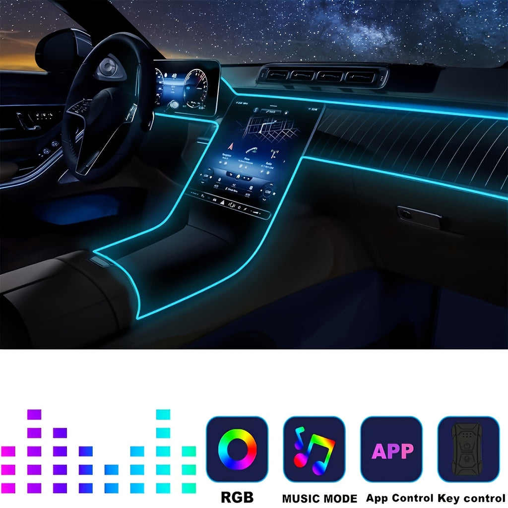 118" RGB LED Car Interior Lighting Kit - USB Powered, App-Controlled with Music Sync & Fiber Optics for Dashboard And Doors, Without Battery