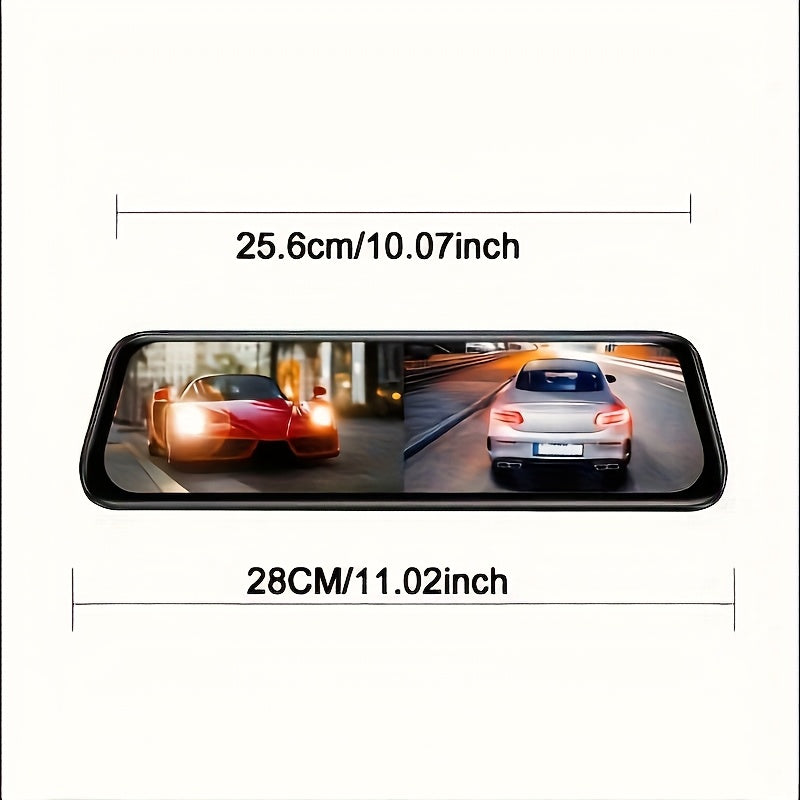 10-inch Touchscreen Dash Cam with Front 1296P and Rear 1080P Recording. Supports App Control, WiFi, GPS, English Voice Control, WDR Wide Dynamic Range, Super Night Vision, and Parking Monitor Mode. Requires Additional Mini Three-core Hard-wiring Kit