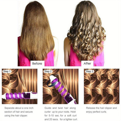 Automatic Spiral Curling Iron 360° Electric Hair Curler - Auto Rotating Curl Wand, Lightweight & Portable, Easy to Use, Includes 2 Clips & 1 Comb, Gift for Women, Pink, Purple, Blue